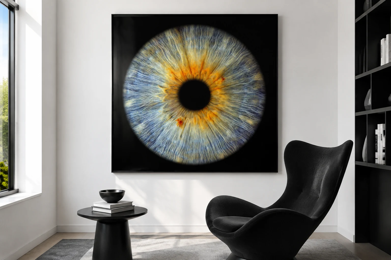 Wohnraumvisualisierung: blau-goldene Iris als gerahmtes Fotopapier in einer hellen Leseecke